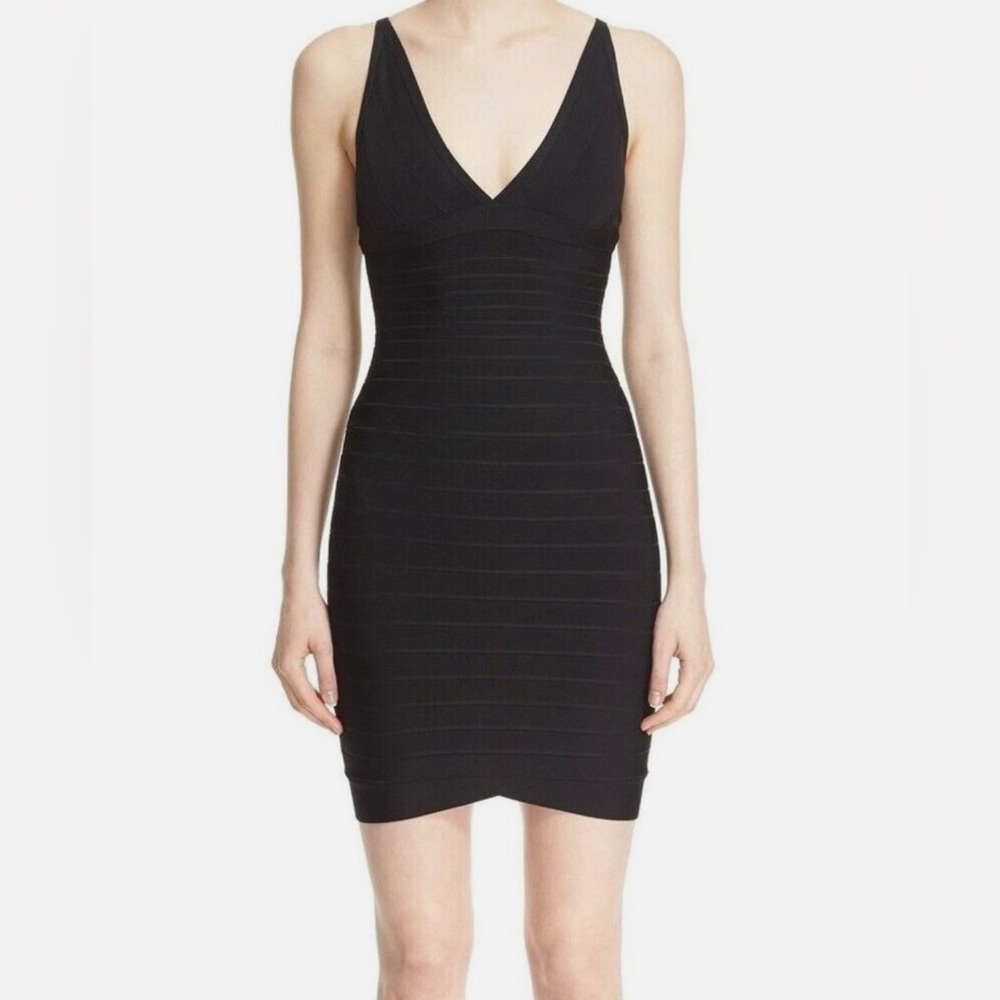 NWT HERVE LEGER V-Neck Bodycon Bandage Dress in Black, XS